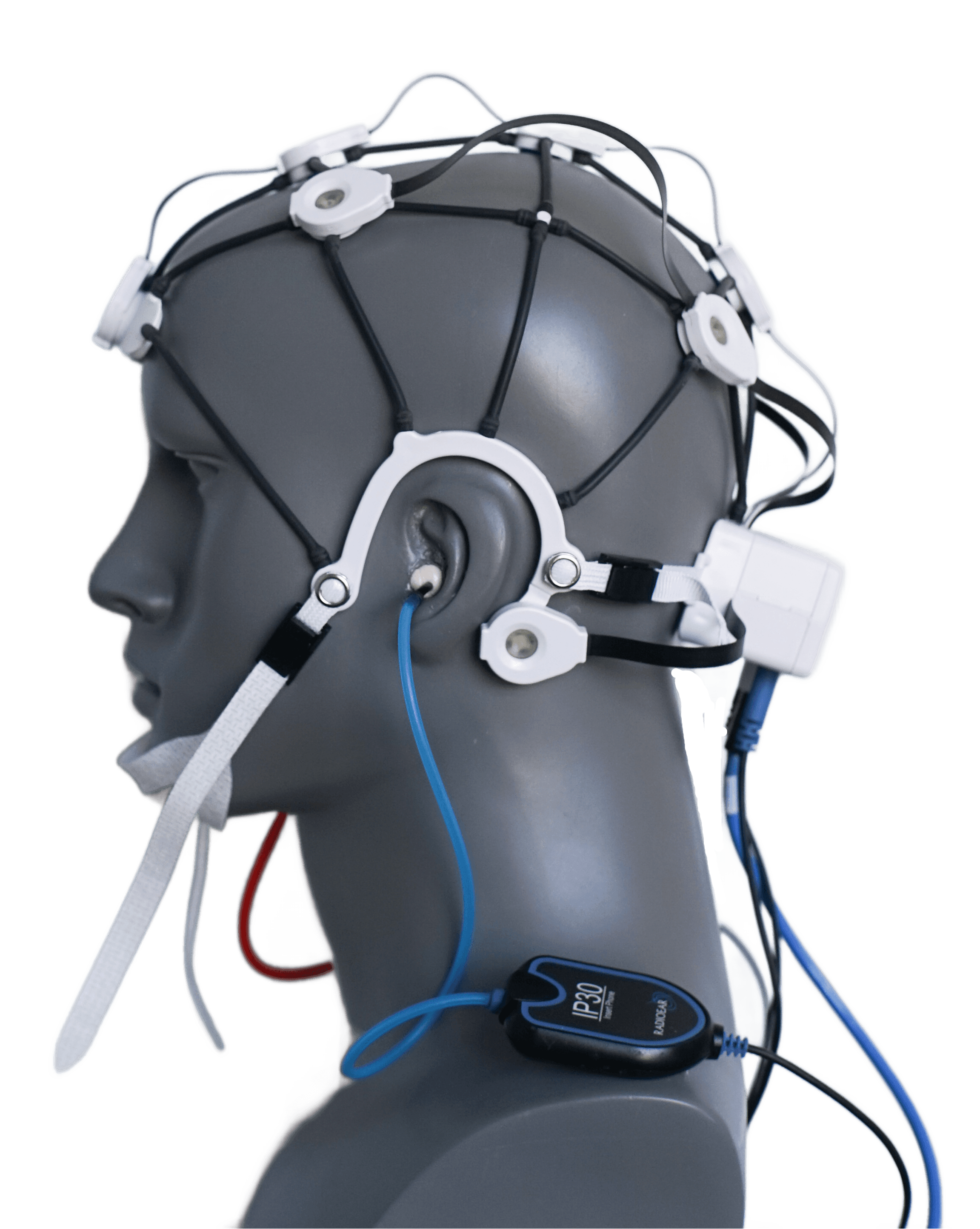 Patient wearing EEG headset for cognitive assessment
